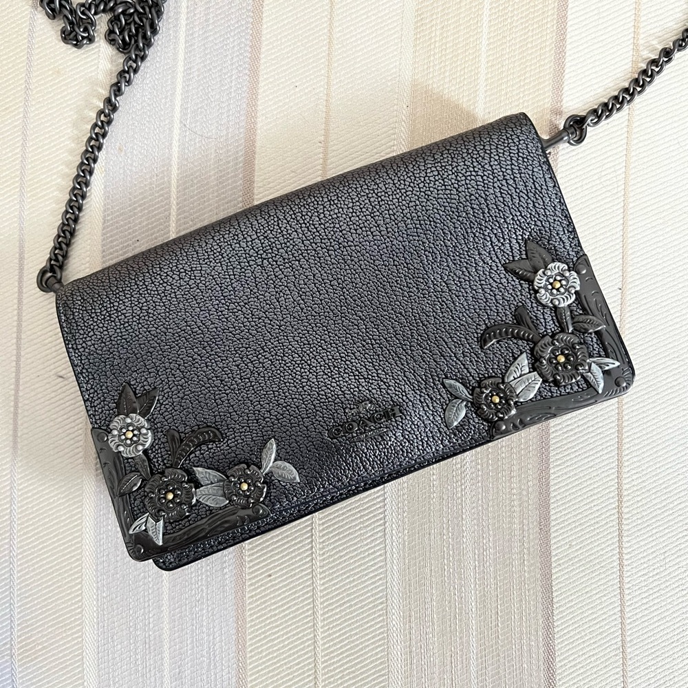 Black Leather Coach Bag with Metal Flower Embellishments
